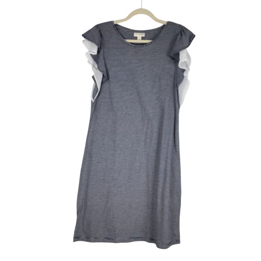 Maison Jules Striped Ruffle Knit Dress Navy White Size Medium Cotton NWT $49.50